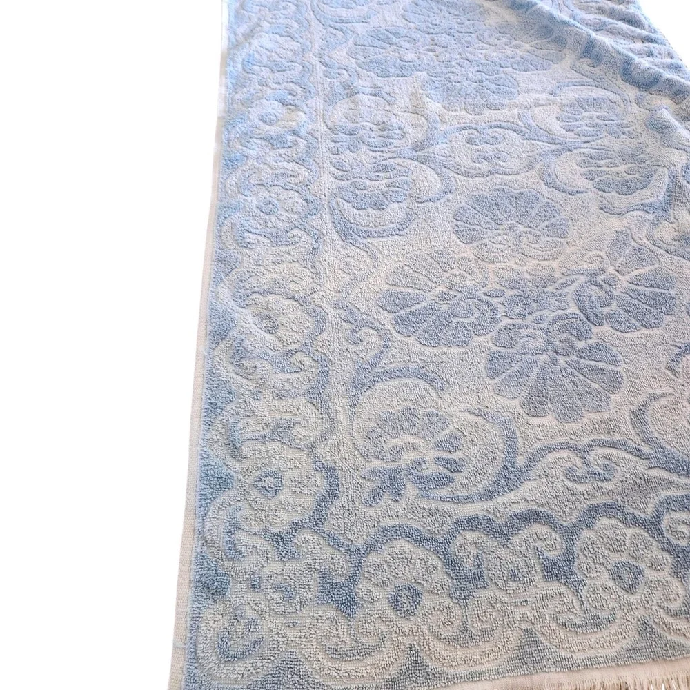 Vintage Fieldcrest Bath Towels Set of 2 Blue White Sculpted Fringed USA